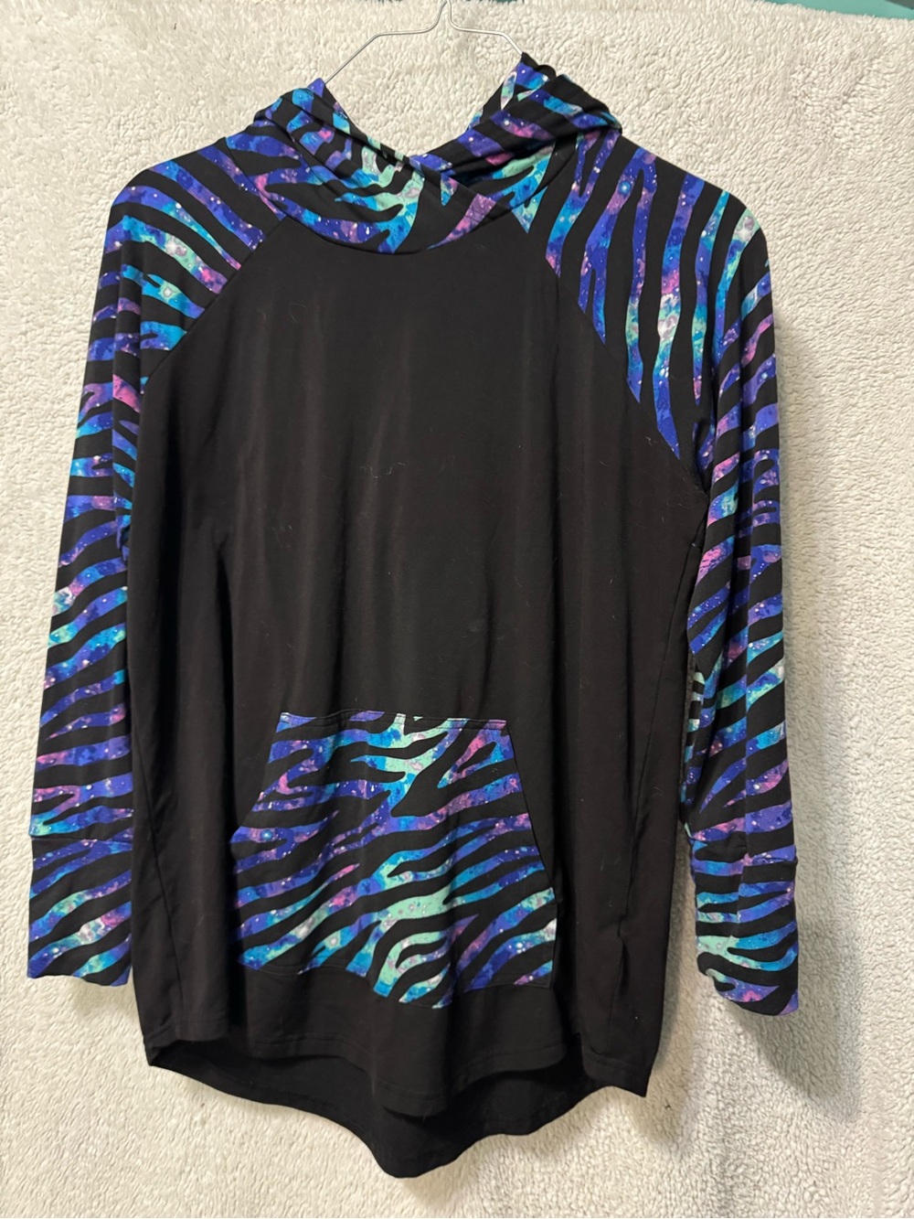 LuLaRoe Black Top with Blue, Purple & Teal Print